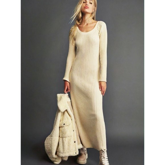 Free People Dresses & Skirts - Free People Beach Walk About Maxi Dress Large Ivory Ribbed Knit Long Sleeve
